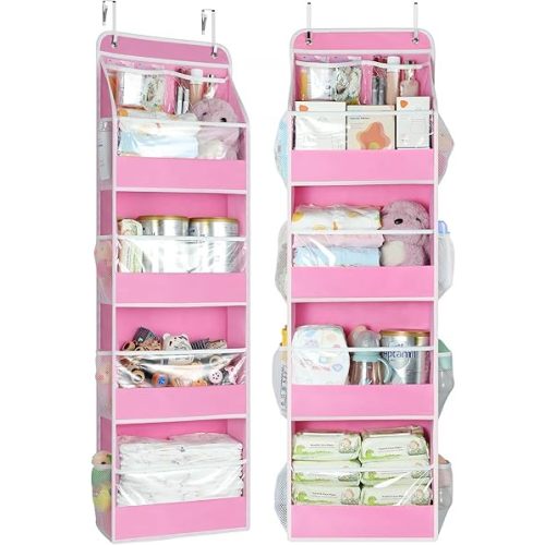 Yecaye 5 Tier 2Pc Over the Door Organizer, Swing-proof Door Organizer Hanging with Clear PVC Windows, Behind the Door Storage for Bedroom Nursery Closet Laundry Pantry Bathroom, Bubblegum Pink
