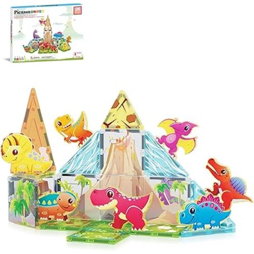 PicassoTiles Magnet Tile Building Blocks Dinosaur World Themed Playset with 8 Animal Character Action Figures Magnetic Tiles STEM Learning Pretend Play Toy Construction Set Boys Girls Ages 3+ PTQ23