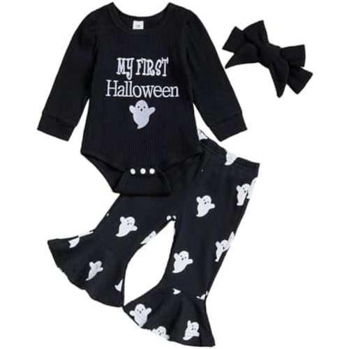 Twopumpkin My First Halloween Baby Girl Outfit Newborn Ghost Romper Onesie+Bell Bottoms+Headband Infant 1st Halloween Clothes