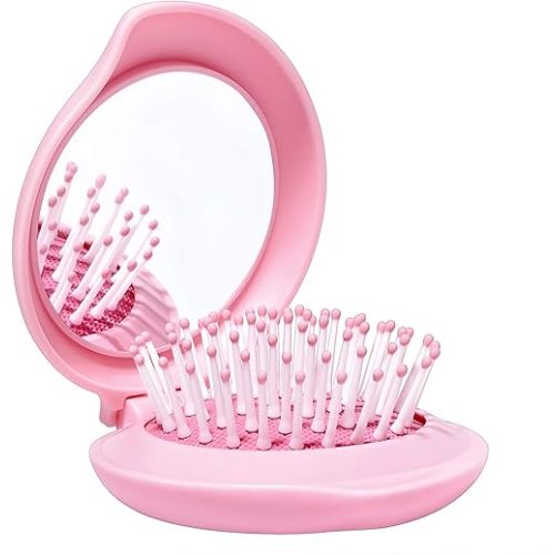 Travel Hair Brush with Mirror for Purse/Backpack, Mini Folding Hair Brush and Kawaii Pink Portable Makeup Mirror Set, Gifts for Girls