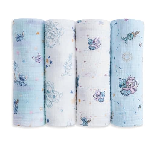 aden + anais Essentials Muslin Swaddle Blankets, Newborn Receiving Blanket for Swaddling, 100% Cotton Baby Swaddle Wrap, 4 Pack, Lilo & Stitch