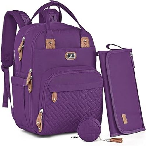 Dikaslon Diaper Bag Backpack with Portable Changing Pad, Pacifier Case and Stroller Straps, Large Unisex Baby Bags for Boys Girls, Multipurpose Travel Back Pack Moms Dads, Purple