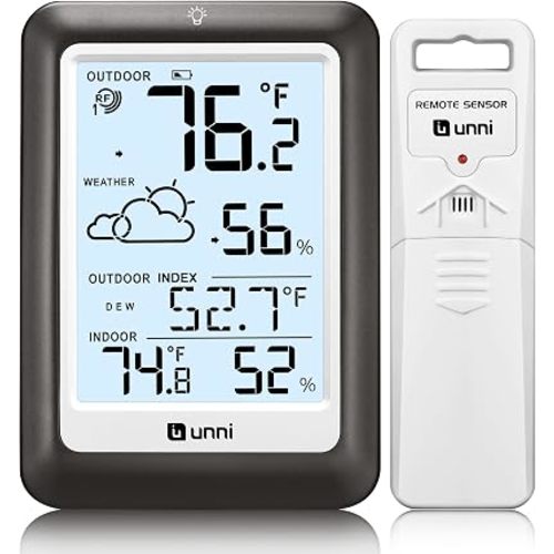 Indoor Outdoor Thermometer Wireless Weather Station, Temperature Humidity Monitor Battery Powered Inside Outside Thermometers with 330ft Range Remote Sensor and Backlight Display（Metal Black）