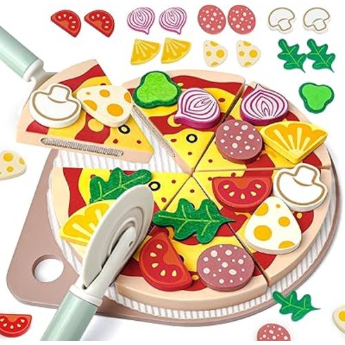 Wooden Pizza Toy Set, 25 Pcs Cutting Toys Kitchen Pretend Play Accessories, Pizza Playset for 3-5 Year Old Boys & Girls Birthday Gift