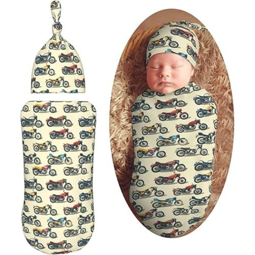 Cartoon Motorcycles Newborn Swaddle Blankets Hat Sets Soft Baby Receiving Blanket Swaddle Sack for Baby Shower Infant Boy Girl Gift