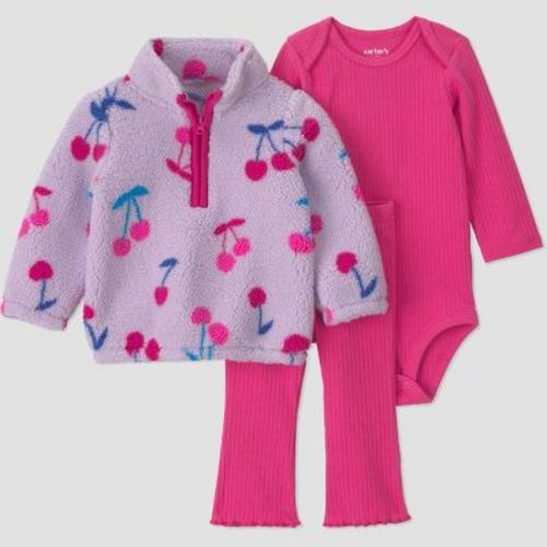 Carter's Just One You® Baby Girls' 3pc Cherry Quarter Zip, Long Sleeve Bodysuit and Flare Leggings Set - Lilac/Pink 12M