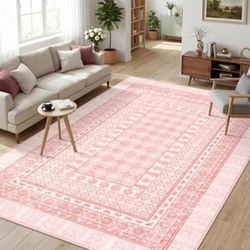 5x7 Pink Traditional Geometric Bordered Area Rug, Floral Non-Slip Low Pile Washable Rugs for Living Room Bedroom Dining Room Home Office Hallway