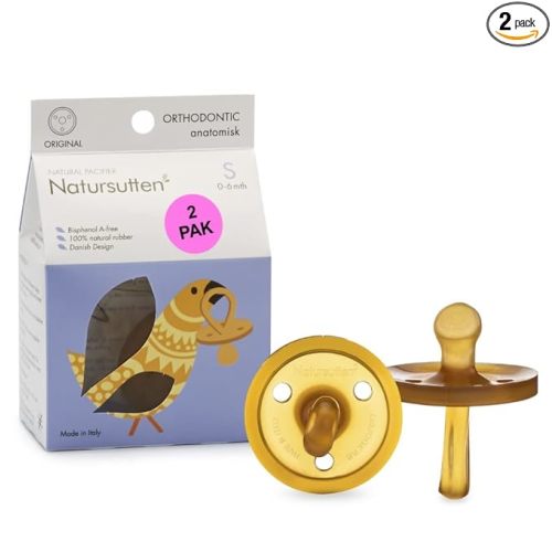 Natursutten 2-Pack Natural Rubber Pacifiers - Safe & Soft BPA-Free Pacifier for Breastfeeding Babies, Made in Italy, Original Shield Orthodontic Nipple, Newborn 0-6 Months