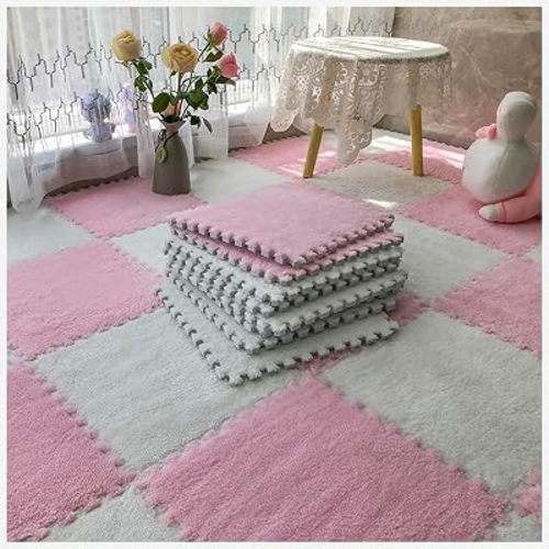 50pcs Puzzle Rug Carpet Fluffy Plush Interlocking Carpet Tiles with Border Fuzzy Anti-Slip Square Foam Floor Mat Tiles for Parlor Bedroom(Size:30x30x1cm,Color:Pink + White)