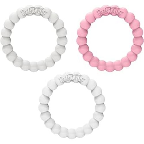 Dr. Brown's Flexees Beaded Teether Rings, 100% Silicone, Soft & Easy to Hold, Encourages Self-Soothe, 3 Pack, Pink, White, Gray, BPA Free, 3m+