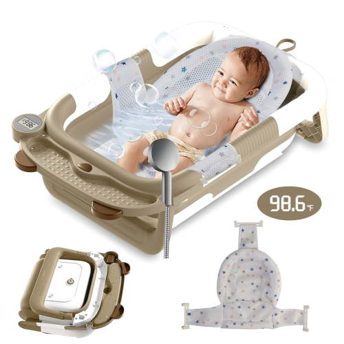 Foldable Baby Bathtub Portable Infant Baby Bath Tub with Thermometer and Shower Hole(Coffee+ Net)