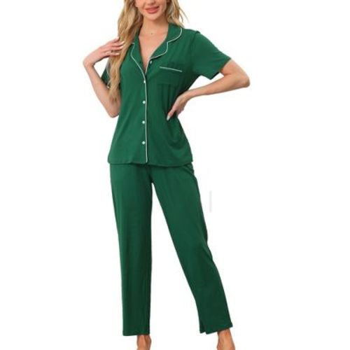 cheibear Women's Button Down Short Sleeve Shirt and Pants 2 Piece Pajama Set Loungewear