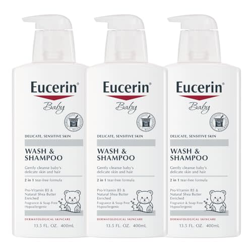 Eucerin Baby Unscented Baby Shampoo and Body Wash, Hypoallergenic, Tear Free Shampoo and Wash with Pro-Vitamin B5 and Shea Butter, 13.5 Fl Oz Bottle 3 pack