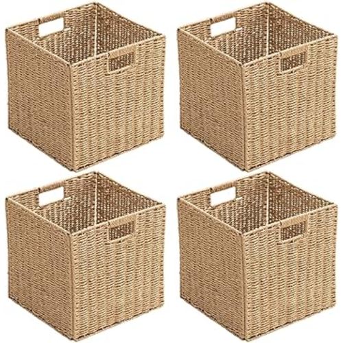 Handwoven Paper Woven Cube Basket Organizer with Handles set of 4 Foldable Storage baskets for Bedroom Living Room Cubby Storage Units for Clothes Books Toys (Natural, 13" L x 13" W x 13" H)