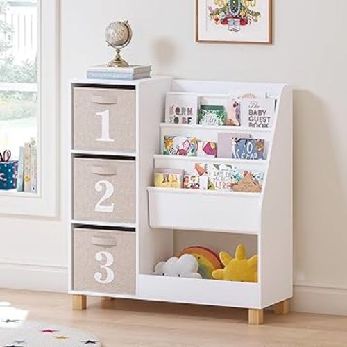 Spirich 3 Layer Sling Kids Bookshelf, Children Cube Storage Organizer with 3 Storage Bins, Wood Book Display Rack, Book Shelf for Kids Rooms, Playroom, Nursery, White