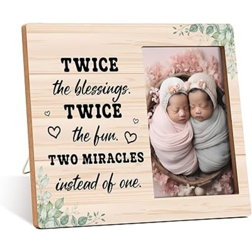 Twins Photo Frame - Twice The Blessings Twice The Fun Pregnancy Announcement Picture Frame - Greenery Baby Twin Frames Gift - Twin Boys Girls Gifts For Babies, Twins Gifts For Mom -05