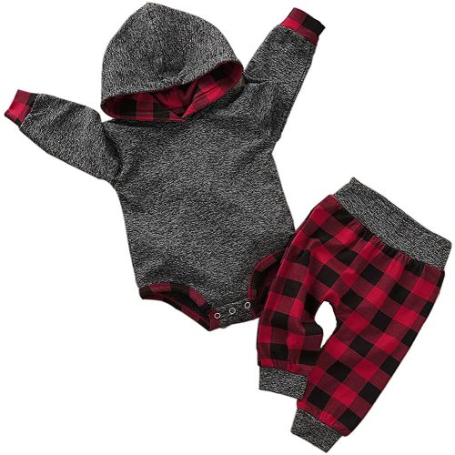 Newborn Baby Boy Clothes Fall Winter Infant Outfits Long Sleeve Hoodie Romper + Red Plaid Pants Set