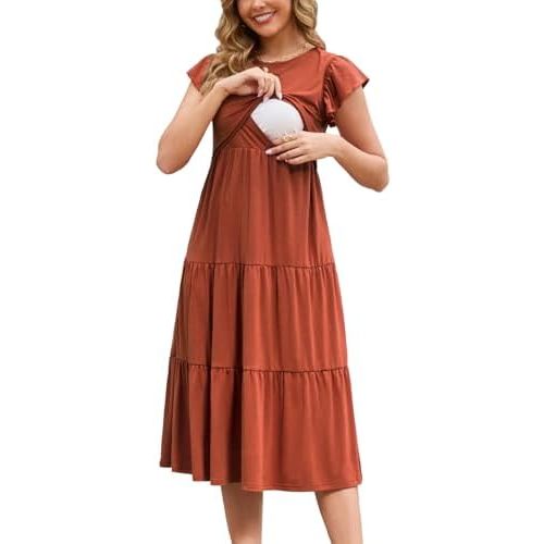 GINKANA Women Nursing Dress Flutter Sleeve Midi Dress Crew Neck Nursing Friendly Dresses Loose Flowy Maternity Beach Dress