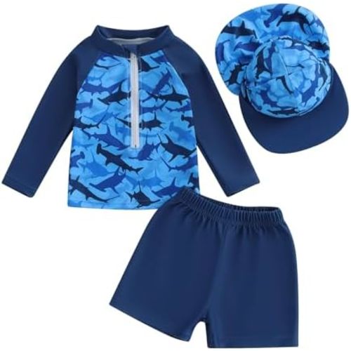 Toddler Baby Boy Swimsuit Infant Zipper Rash Guard Swimwear T-Shirt and Swim Trunk Sun Hat 3 Piece Bathing Suit