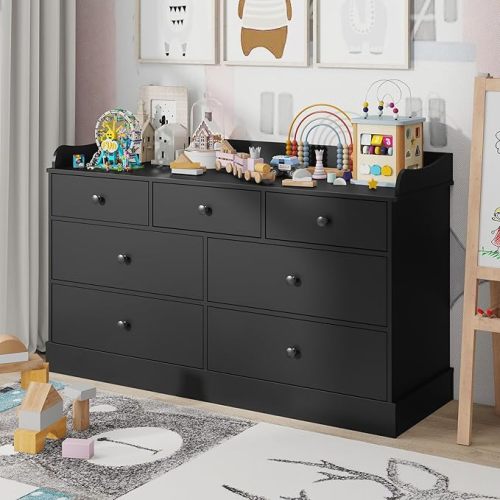 Vabches Kids Dresser Cabinet with 7 Drawers and Large Table Top, White Chest of Drawers, Baby Dresser, Kids Bedroom Furniture, Nightstand for Child’s Room, Black
