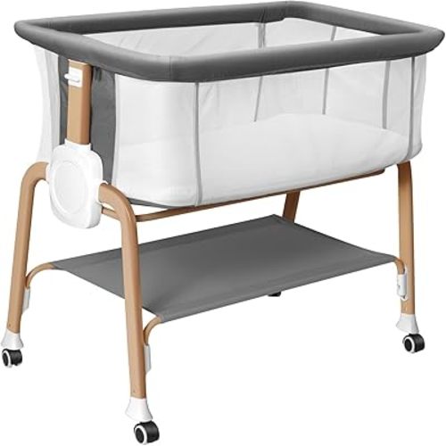 Bassinet Bedside Sleeper, Bedside Bassinet for Newborn, Baby Bassinet with 5 Adjustable Height, Rocking Bassinet with Wheels, Breathable Mesh & Mattress, Easy Folding Portable Bedside Crib（Dark Gray)