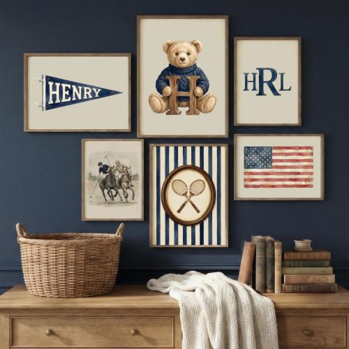 Personalized Nursery Wall Art Set Of 6 | Teddy Bear Boy Room Decor | Custom Name Pennant And Monogram