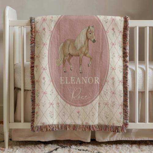 Personalized Horse Baby Blanket, Custom Girl Name Woven Throw, Vintage Pony Nursery Decor, Pink Farm Cottage Baby Gift