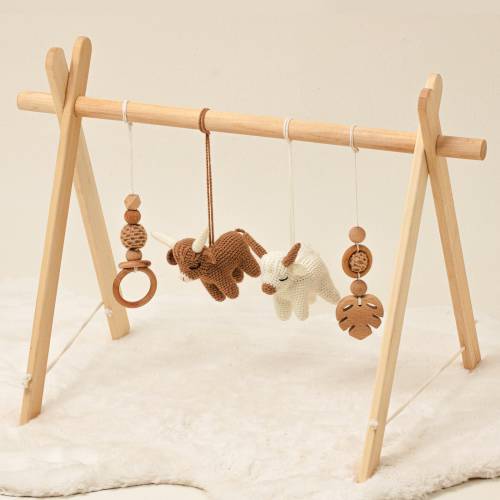 Highland Cow Baby Gym: Wooden Activity Center with Crocheted Toys