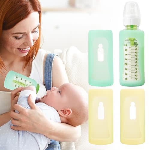 PUREKRA 4PCS Silicone Baby Bottle Sleeves for Dr. Brown Bottles 8 oz, Silicone Bottle Covers Replacement for Dr. Brown Glass Bottles, Narrow Sleeve with a Cutout, Dishwasher/Freezer/Microwave Safe