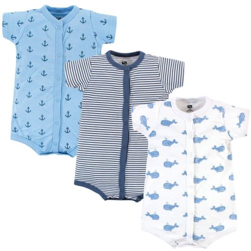 Hudson Baby Infant Boy Cotton Rompers 3pk, Blue Whale, 0-3 Months