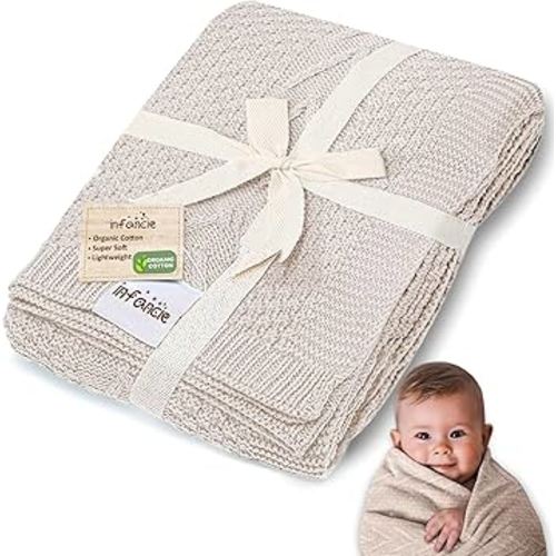 Organic Cotton Baby Blanket - 31.5 x 43.3 Inches, Soft Knitted Crib Blanket for Boys & Girls, Breathable Design (Beige)