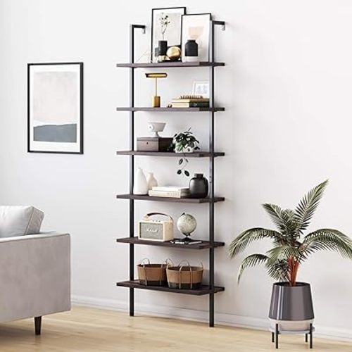 Nathan James Theo 6-Shelf Tall Bookcase, Wall Mount Bookshelf with Natural Wood Finish and Industrial Metal Frame, Nutmeg/Matte Black