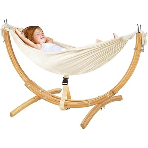 FUNLIO Wooden Hammock with Stand for Kids 3-5 Years (Height &lt; 3.9ft/120cm), Premium Solid Wood Kids Hammock Chair Stand, Stable Structure, Wider & Longer Children Hammock, 220lbs Capacity