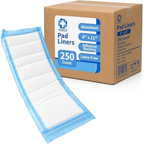 Vakly Postpartum Panty Liner Pads 4" x 11" (250 Pack) – Large Super Absorbent Maternity Pad Liners for Overnight Leak Protection, Incontinence Booster Pads with Adhesive (250, Count)