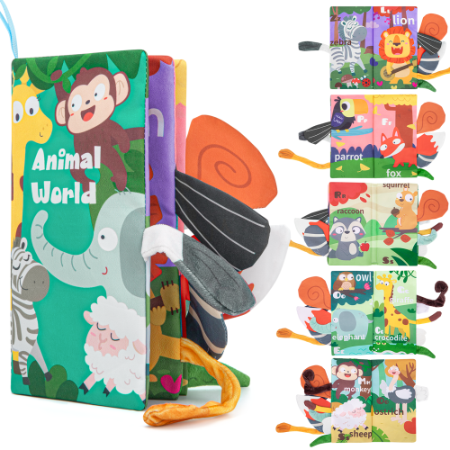Baby Books Toys with Teether, 0-6 Months , Touch Feel Crinkle Cloth Book for Infant, Tummy Time Toy, Baby Boy Girl Gift (Jungle Animal)