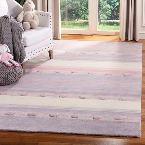 SAFAVIEH Kids Collection Accent Rug - 3' x 5', Light Purple & Ivory, Handmade Stripe Wool, Ideal for High Traffic Areas in Entryway, Living Room, Bedroom (SFK801V)