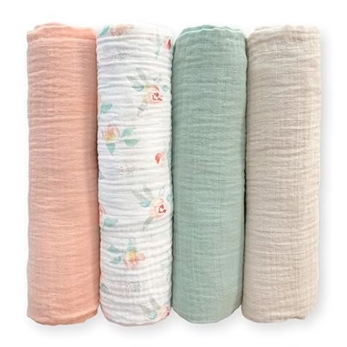 SwaddleDesigns Cotton Muslin Swaddle Blankets for Baby Girl, Set of 4, Receiving Blankets for Newborn, Baby Registry & Gift, 46x46 inches, Watercolor Peachy Pink Floral