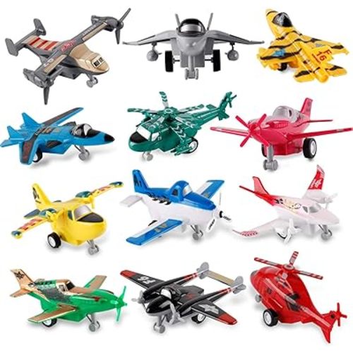 Liberty Imports Pull Back Airplanes Toys Vehicle Playset, Variety Pack of Helicopters, Stealth Bombers, Fighter Jets, Aircraft, Planes for Kids Toddlers Party Favors (12 Pack)