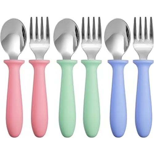 Pimoys 6 Pieces Toddler Utensils Forks and Spoons,Kids Silverware Set with Plastic Handle Stainless Steel Toddler Silverware,Dishwasher Safe