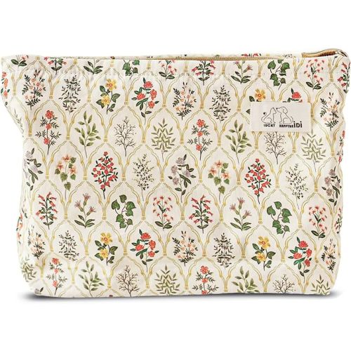 HAPPYHEIDI Large Aesthetic Floral Cotton Makeup Bag with Pocket Cute Cosmetic Travel Pouch, Make Up Organizer, Lightweigt, Zipper Closure