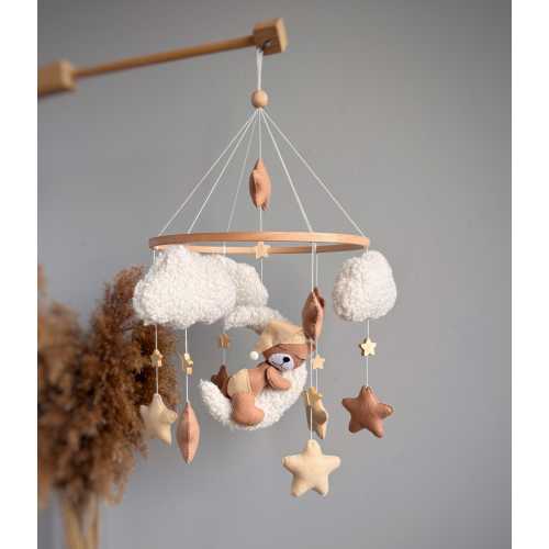 Boucle Beige Baby Mobile Teddy Bear Crib Mobile Boucle Nursery Mobile Clouds Baby girl  Boucle Nursery Decor Baby shower gift Baby boy gift