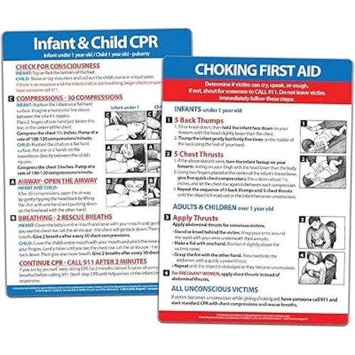 2 Pack: Choking First Aid & Infant and Child CPR Fridge Magnets - Heimlich Maneuver, CPR for Babies, Children, Adults - 5x7 in.