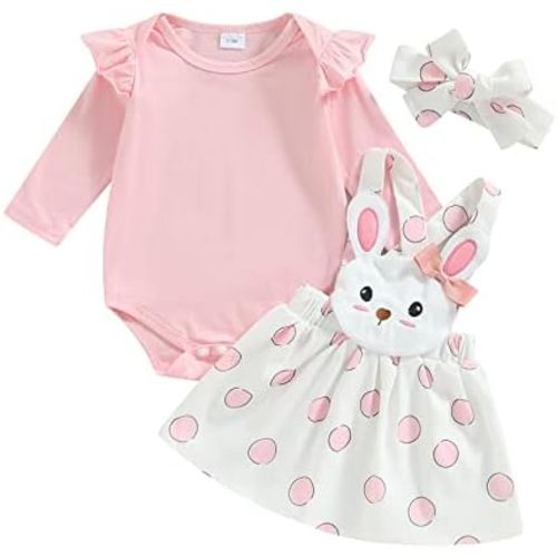 Newborn Baby Girl Pink Bunny Outfit Long Sleeve Romper Rabbit Suspender Skirt Overall Dress Headband My 1st Easter Outfit