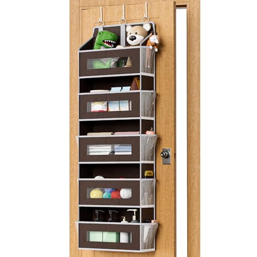 5-Tier Over The Door Storage Organizer with 10 Side Mesh Pockets, 48 lbs Load Capacity, 3 Hooks Design, Door Hanging Organizer with Clear Windows for Bathroom, Bedroom, Nursery, Kitchen-Brown