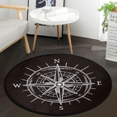 keepcute Vintage Wind Rose Compass Black Round Area Rug, 3' Round Rug Circular Floor Mat for Bedroom, Living Room & Study Carpet