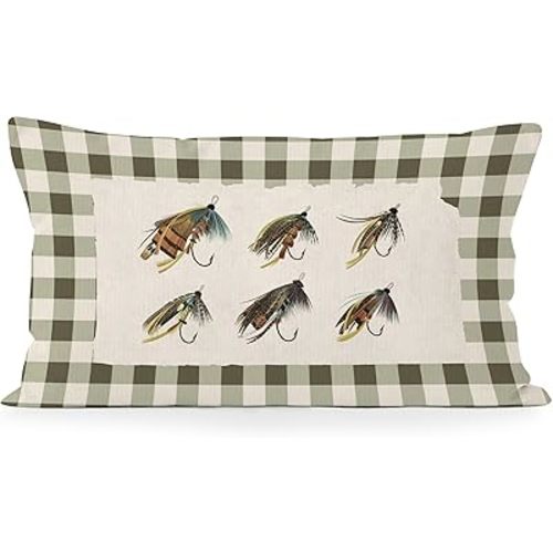 Fishing Hook Gingham Throw Pillow Covers 12x20, Boy Nursery Decor Decorative Lumbar Pillow Cover Cases, Forest Green Gingham Decor Cushion Cover Pillowcases for Bedroom, Lake House Gifts