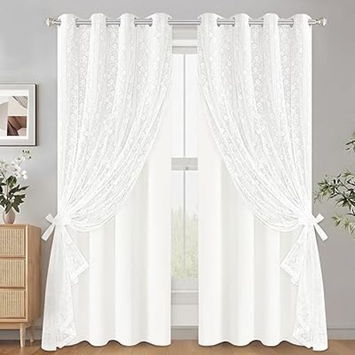 ASPMIZ White Blackout Curtains for Bedroom 84 inch Long, Double Layer Curtains for Living Room Light Blocking Grommet Drapes with Lace Overlay, Thermal Insulated Window Curtain Panels Set of 2, 52x84