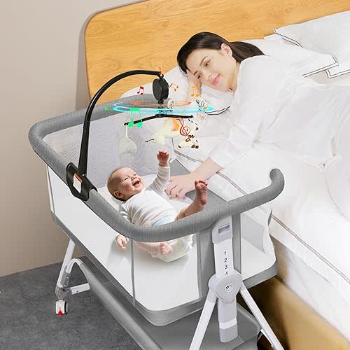Baby Bassinet Bedside Crib, 3 in 1 Baby Bassinet Bedside Sleeper with Musical Toy, Adjustable Portable Crib All Mesh Bedside Bassinet with Storage Basket, Grey