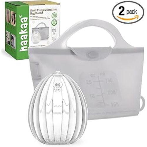 haakaa Wearable Silicone Breast Pump with Steriliser Bag, 2-in-1 Hands-Free Passive Breast Milk Catcher for Nursing Mom, Breastfeeding Essentials, 75ml Shell Pumps & 1 Steriliser Bag - Grey