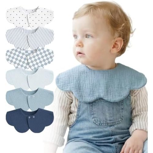 6-Pack Muslin Baby Bibs, 360° Rotate Flower-Shaped Drool Bibs
